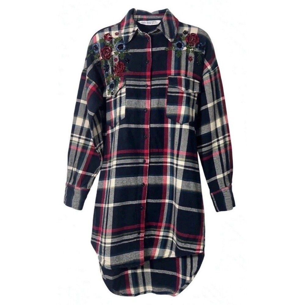 ZARA Basic Z1975 Plaid Flannel Shirt Dress XS Floral Beaded Embroidered Tunic